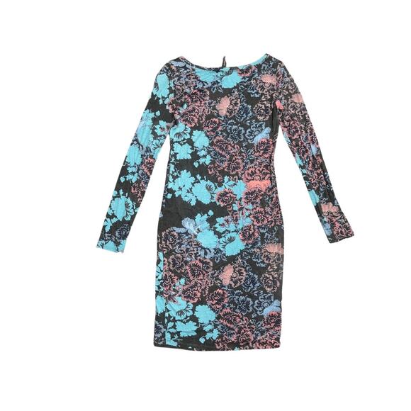 BCBGMAXAZRIA Y2K Floral Pink and Blue Long Sleeve Form Fitted Bodycon Dress - Picture 2 of 4